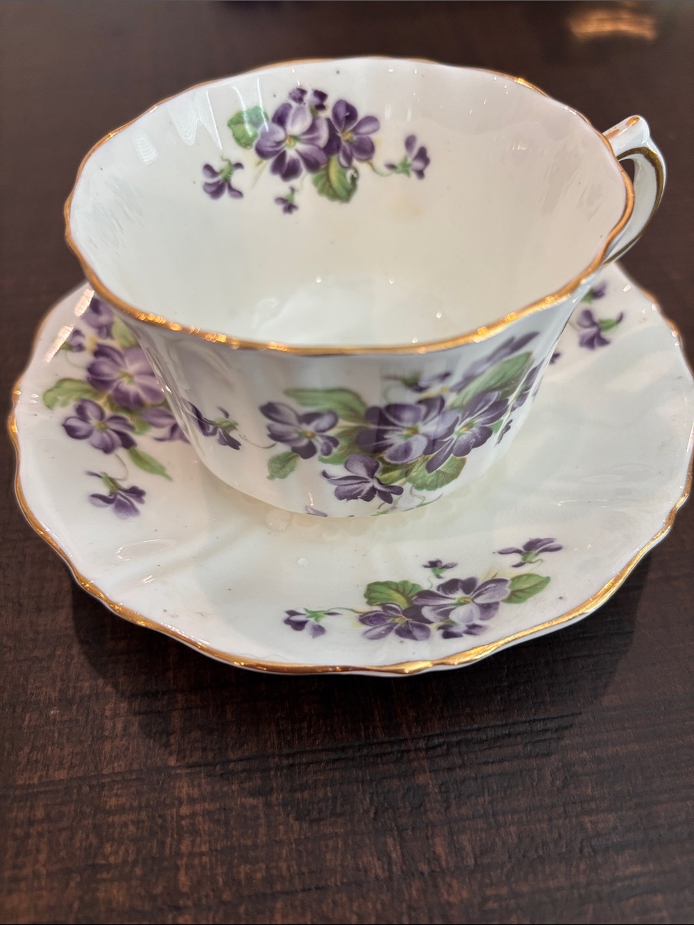 Vintage Old Royal Bone China Teacup and Saucer Set England Violets Gold Trim